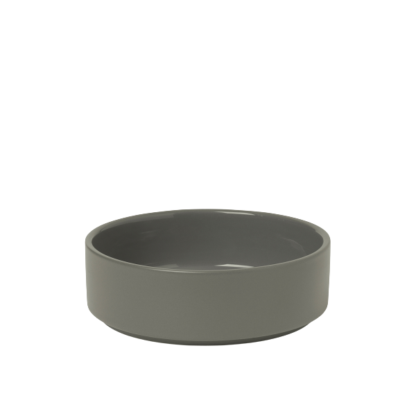 Small gray ceramic bowl on a white background, ideal for serving or decorative use.