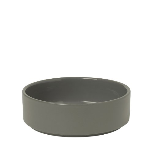 Small gray ceramic bowl on a white background, ideal for serving or decorative use.