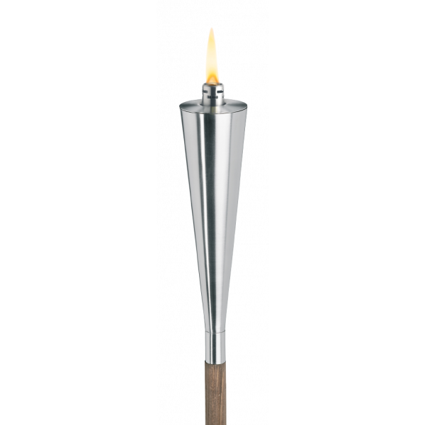 Stylische Metallgartenfackel mit einer lodernden Flamme und Holzgriff für die Außenbeleuchtung.
