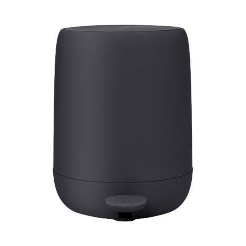 Compact black smart speaker with a minimalist design on a white background.