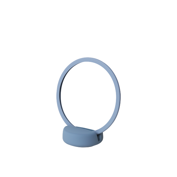Minimalistische blaue Schreibtischlampe mit einem kreisförmigen Design und Sockel.