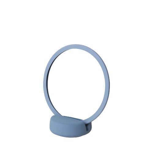 Minimalistische blaue Schreibtischlampe mit einem kreisförmigen Design und Sockel.