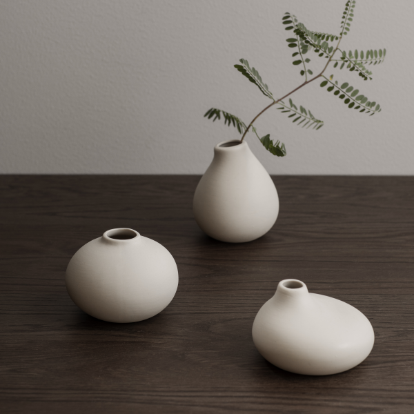 Minimalist ceramic vases with greenery on a wooden table.