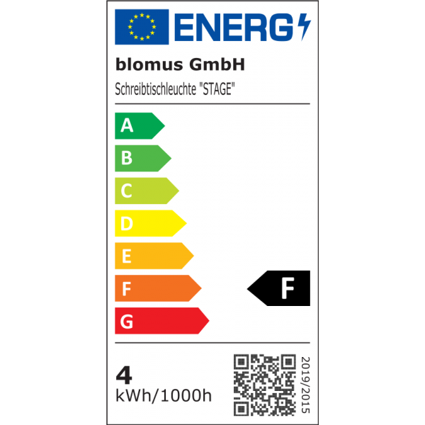 Energy label for Blomus GmbH product showing an F rating for energy efficiency.