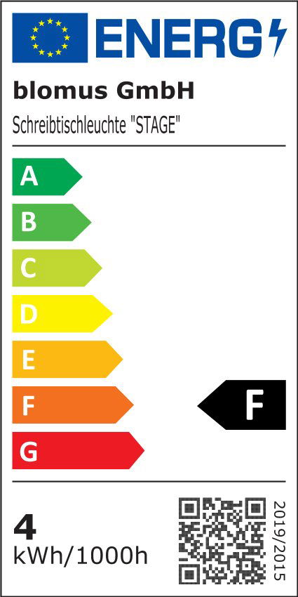 Energy label for Blomus GmbH product showing an F rating for energy efficiency.