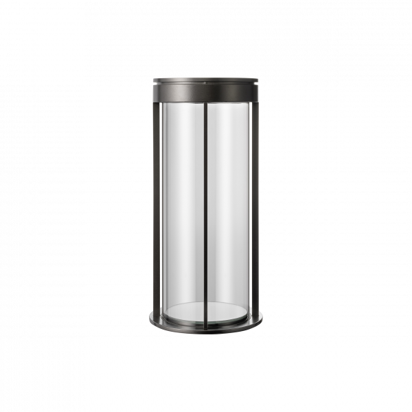 Elegante transparente Vitrine mit schwarzem Sockel zur Präsentation von Sammlerstücken oder Produkten.