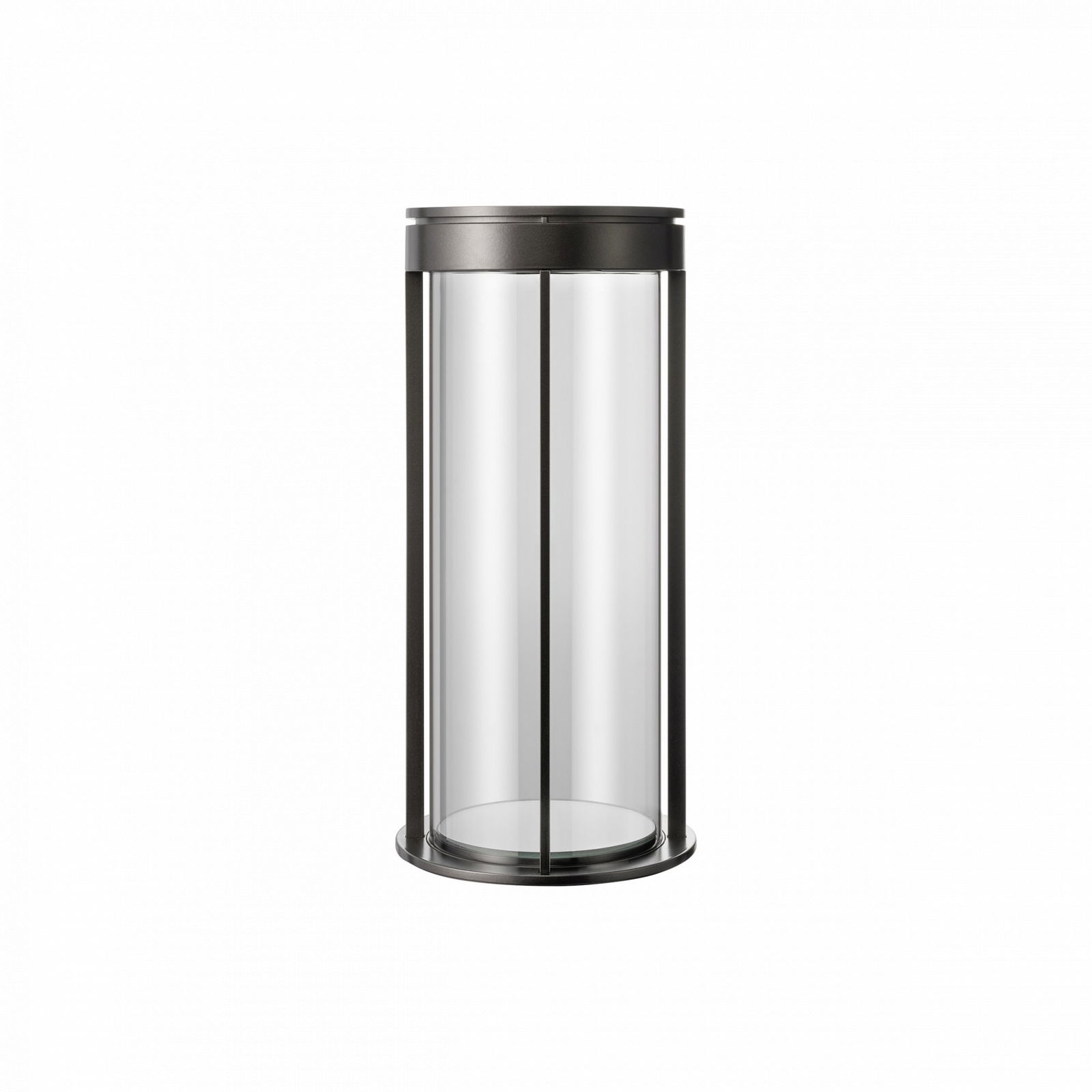 Elegante transparente Vitrine mit schwarzem Sockel zur Präsentation von Sammlerstücken oder Produkten.