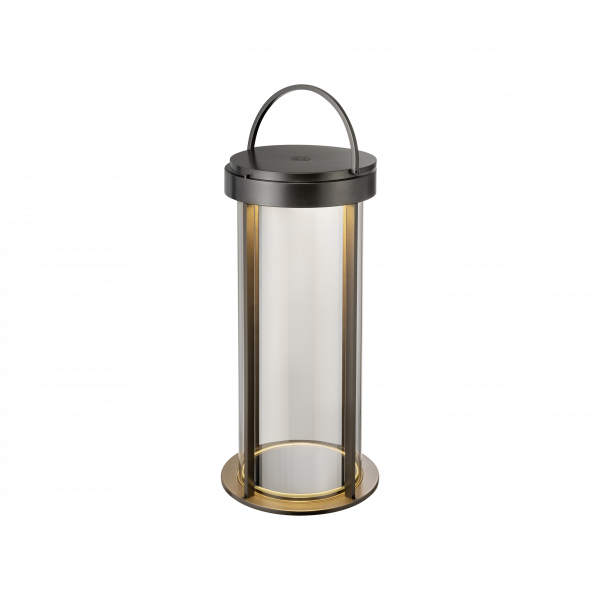 Stylische transparente Laterne mit einem schwarzen Oberteil und goldenen Akzenten für elegante Dekoration.