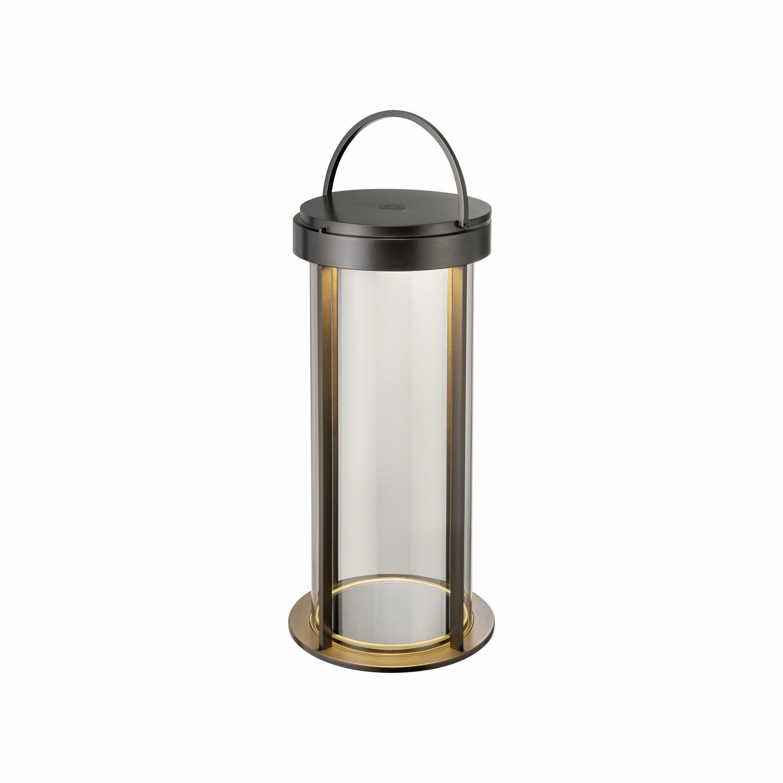 Stylische transparente Laterne mit einem schwarzen Oberteil und goldenen Akzenten für elegante Dekoration.