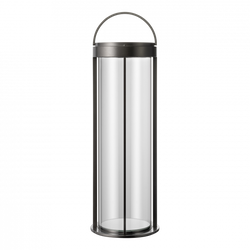 Moderne Glaszylinder-Vase mit einem eleganten Metallgriff für stilvolle Blumenarrangements.