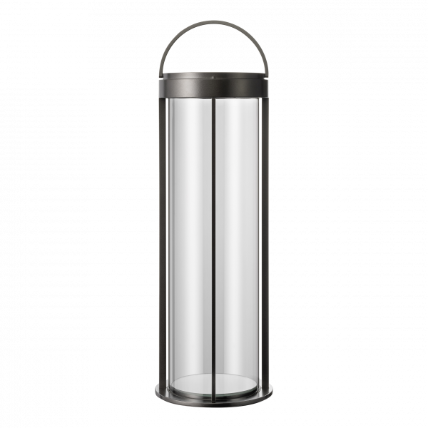 Moderne Glaszylinder-Vase mit einem eleganten Metallgriff für stilvolle Blumenarrangements.