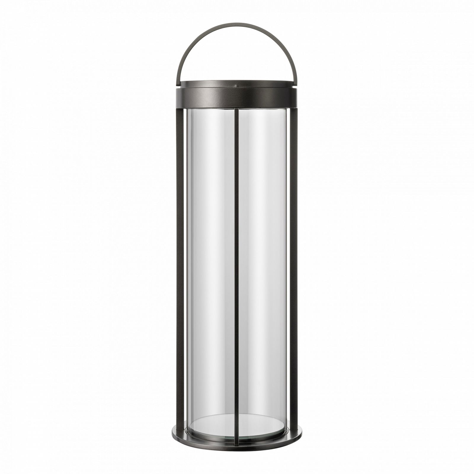 Moderne Glaszylinder-Vase mit einem eleganten Metallgriff für stilvolle Blumenarrangements.