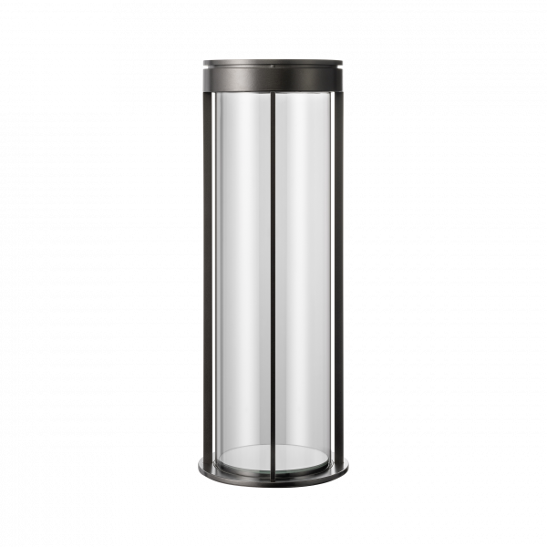 Transparenter zylindrischer Behälter mit einem eleganten schwarzen Fuß und Deckel.