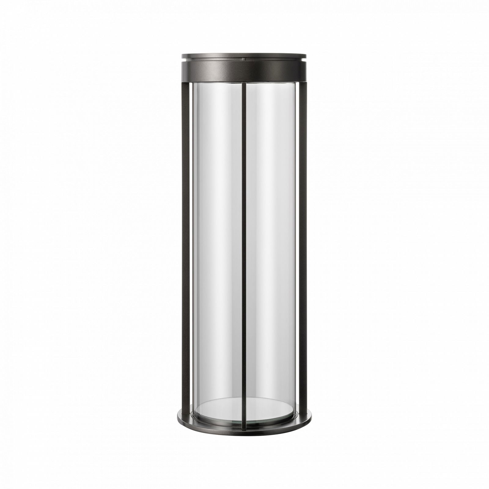 Transparenter zylindrischer Behälter mit einem eleganten schwarzen Fuß und Deckel.