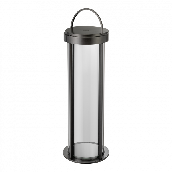 Eleganter Glasbehälter mit schwarzem Deckel und Griff für einfaches Tragen.