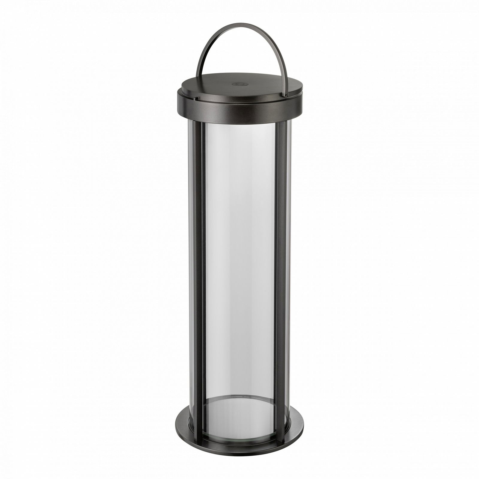 Eleganter Glasbehälter mit schwarzem Deckel und Griff für einfaches Tragen.