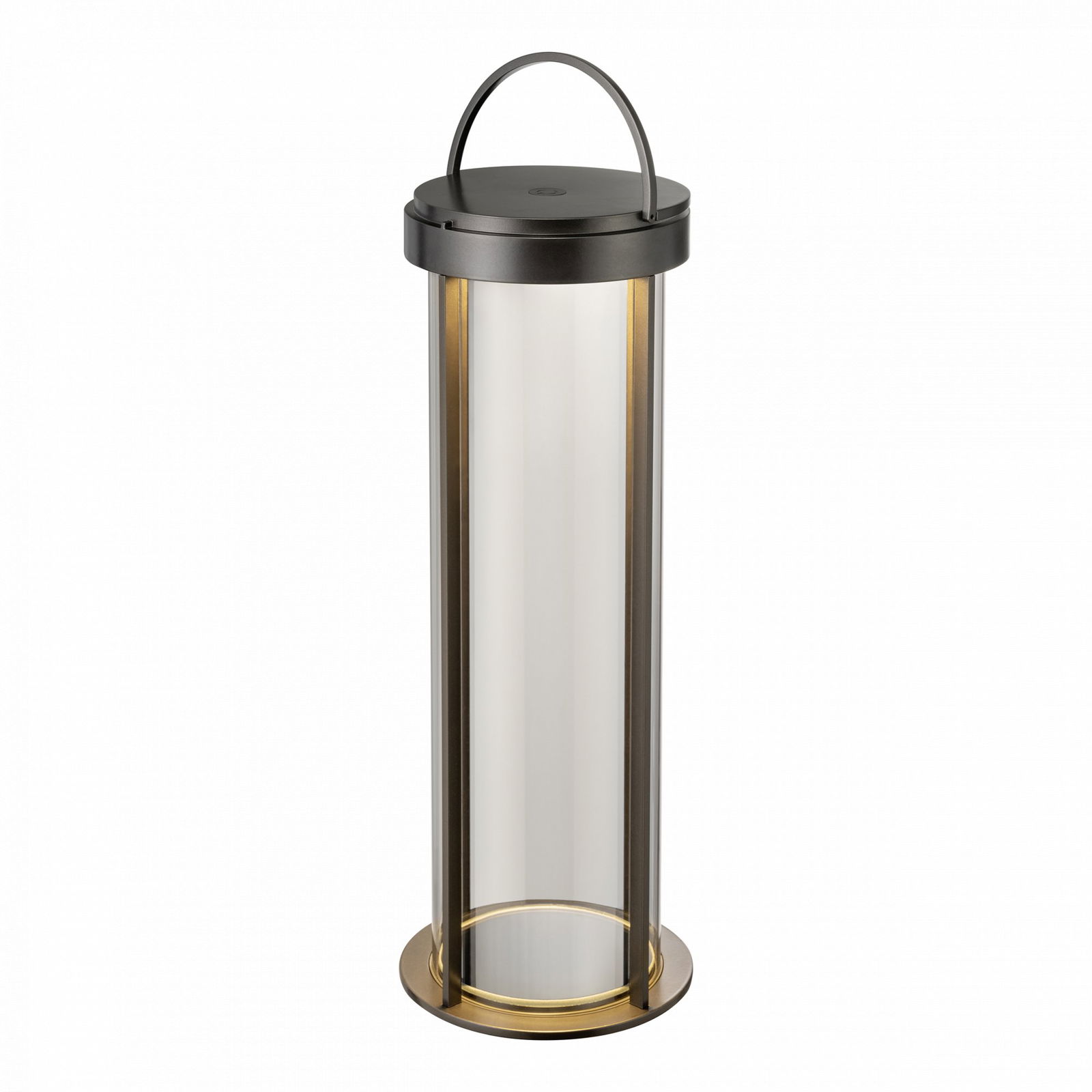 Moderne Glaslaterne mit einem schlanken Metallgriff und eleganten goldenen Akzenten.