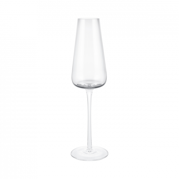 Elegantes Champagnerglas mit klarem Stiel, isoliert auf einem schwarzen Hintergrund.