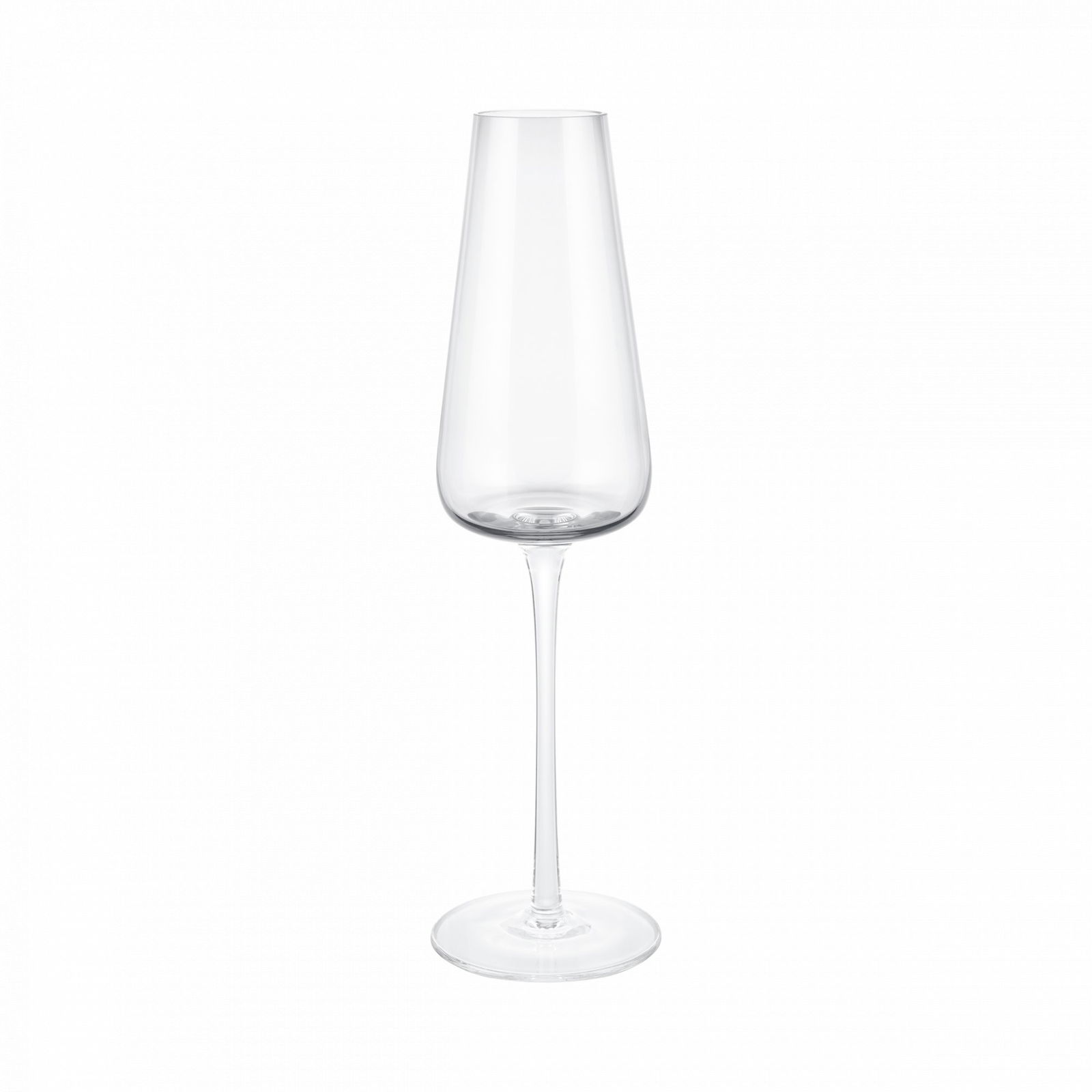 Elegantes Champagnerglas mit klarem Stiel, isoliert auf einem schwarzen Hintergrund.
