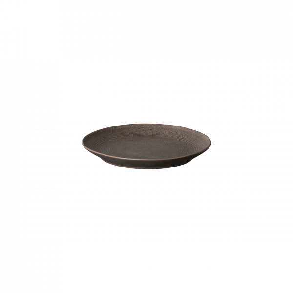 Elegant dark ceramic plate with textured design against a black background.