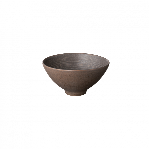 Elegant brown ceramic bowl with a smooth, tapered design on a black background.