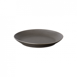 Elegant dark ceramic plate with a smooth, minimalist design on a black background.