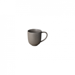 Handcrafted gray ceramic mug with a simple design against a black background.