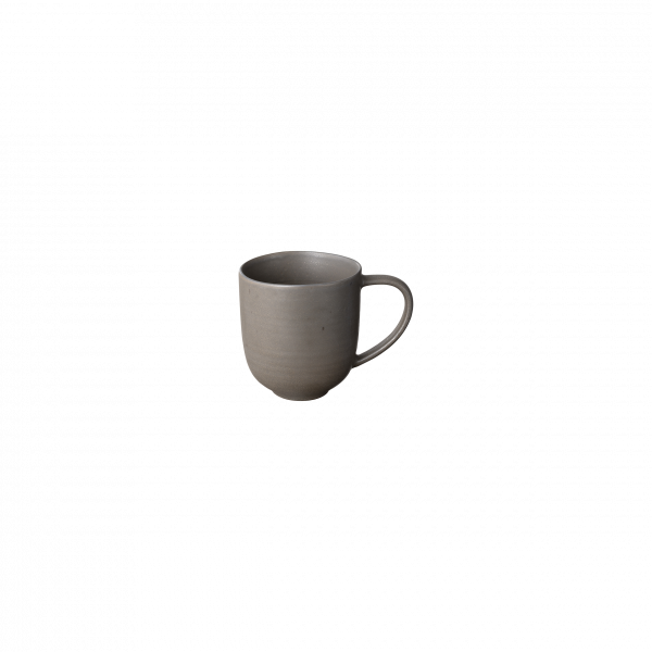 Handcrafted gray ceramic mug with a simple design against a black background.