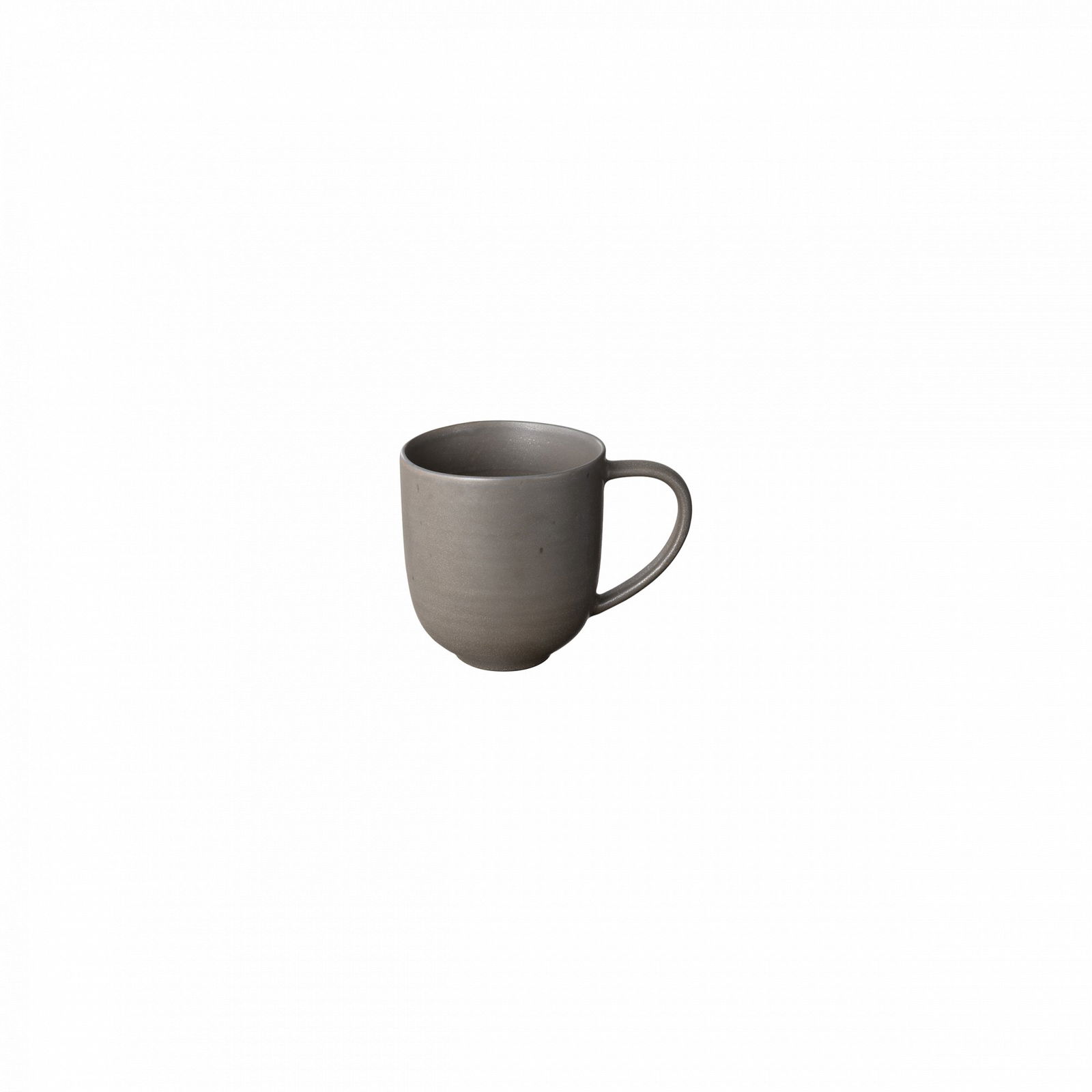 Handcrafted gray ceramic mug with a simple design against a black background.