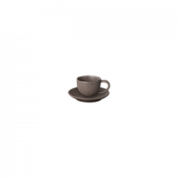 Elegant gray ceramic cup with a matching saucer on a dark background.