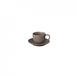 Elegant gray coffee cup with a saucer, ideal for modern table settings.