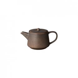 Classic ceramic teapot with a minimalist design and earthy tones on a black background.