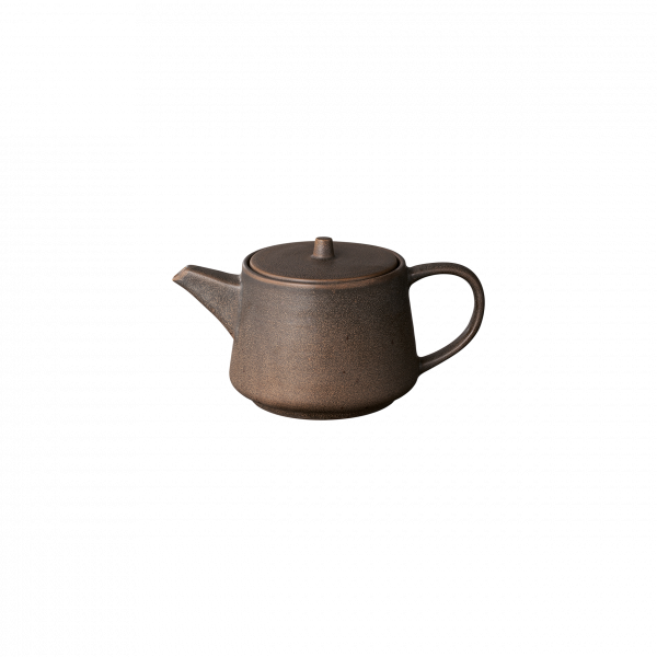 Classic ceramic teapot with a minimalist design and earthy tones on a black background.