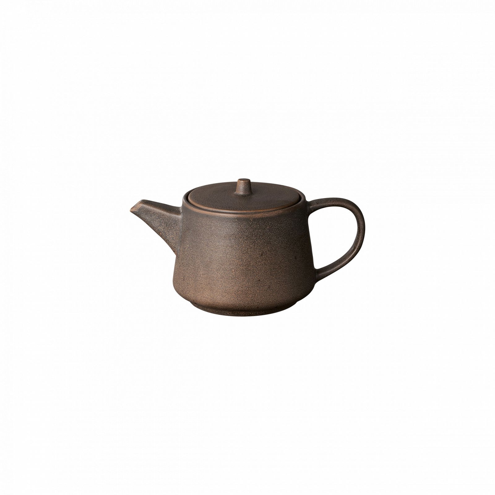 Classic ceramic teapot with a minimalist design and earthy tones on a black background.