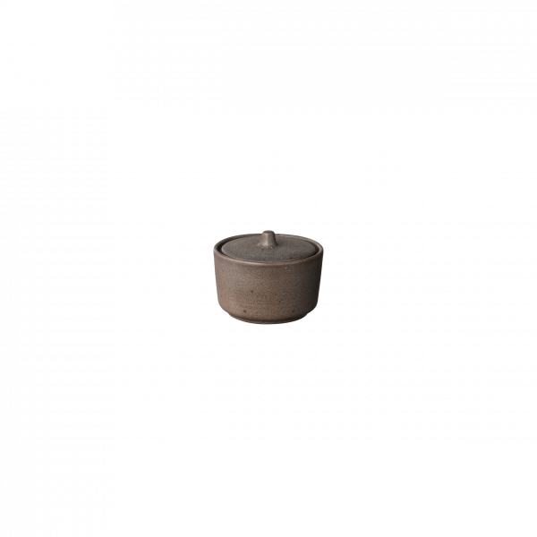 Keramischer Behälter mit Deckel, der ein minimalistisches Design und Erdtöne präsentiert.