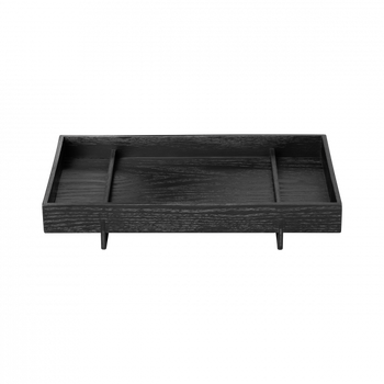 Black wooden tray with three compartments on a black background.