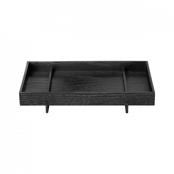 Black wooden tray with three compartments on a black background.