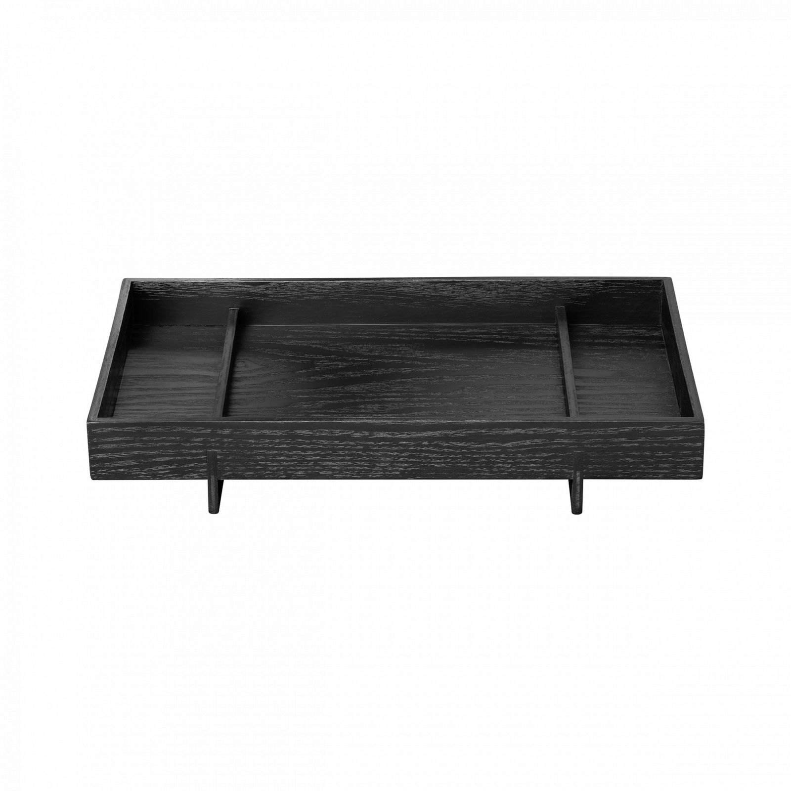 Black wooden tray with three compartments on a black background.