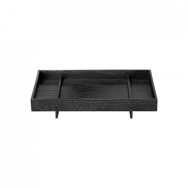Black wooden tray with compartments for organization and storage on a black background.