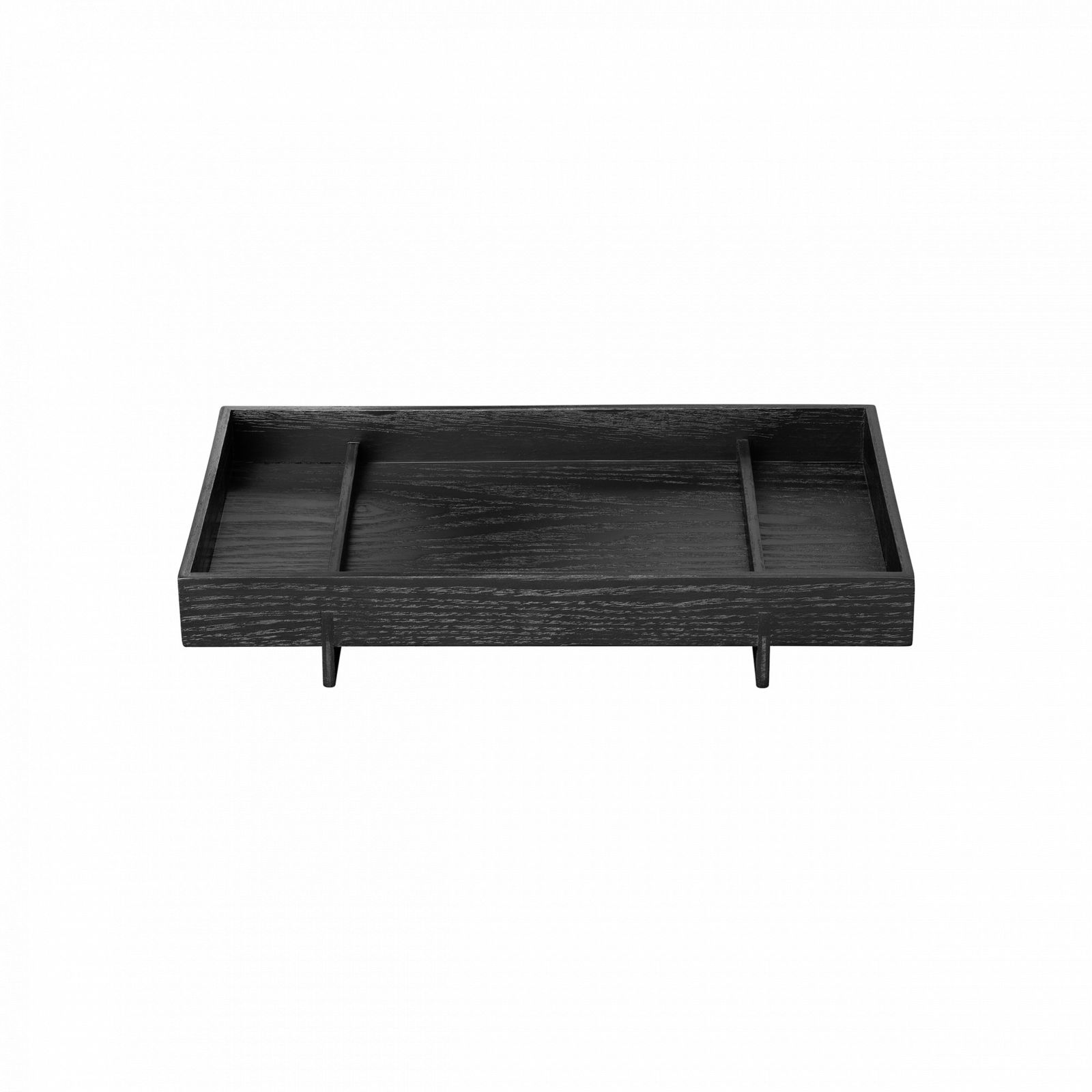 Black wooden tray with compartments for organization and storage on a black background.