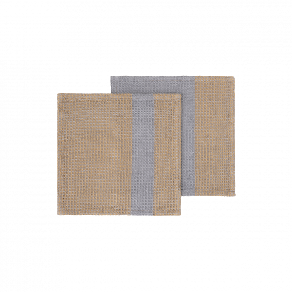 Set aus zwei gewebten Küchen Geschirrtüchern mit abwechselnd beigen und grauen Streifen.