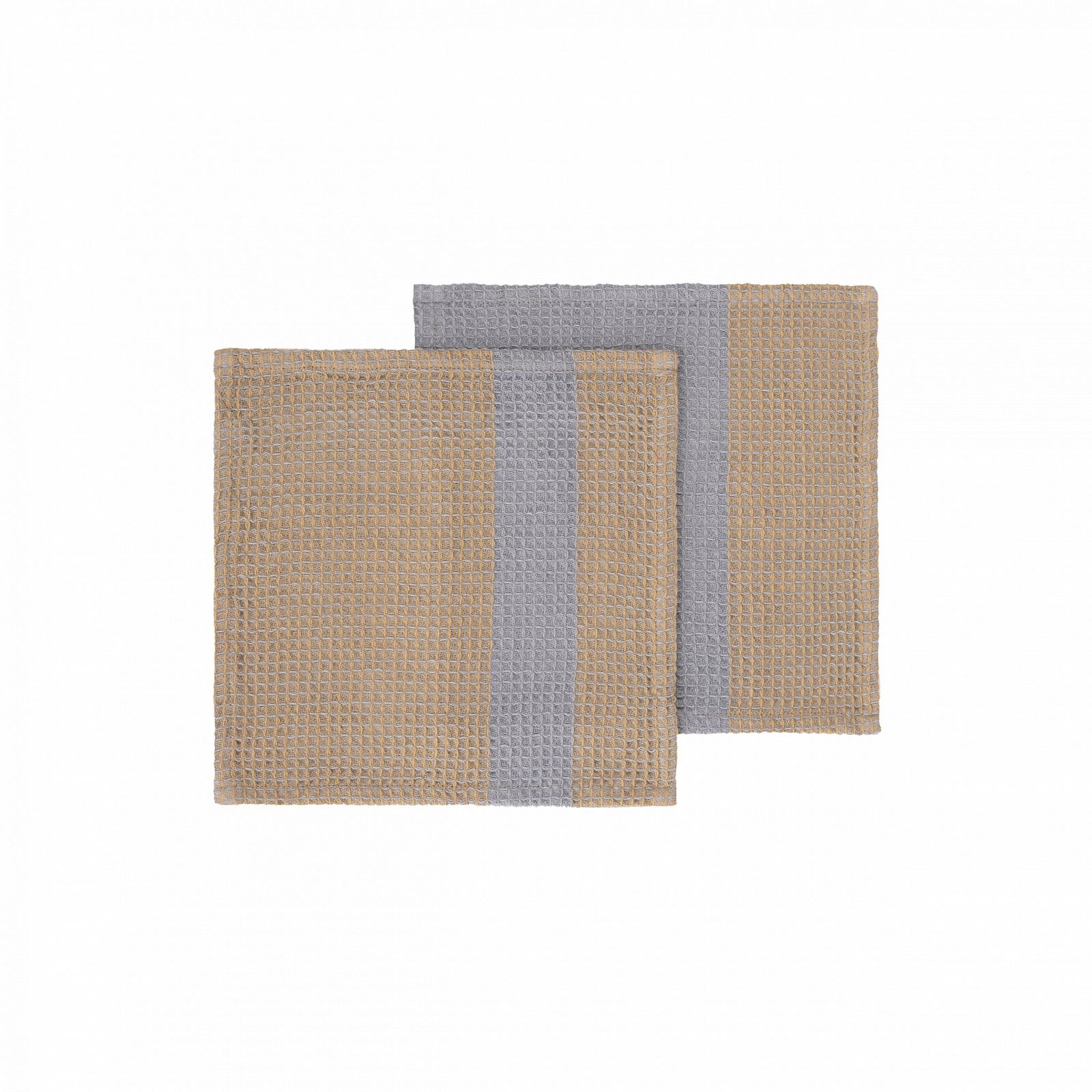 Set aus zwei gewebten Küchen Geschirrtüchern mit abwechselnd beigen und grauen Streifen.