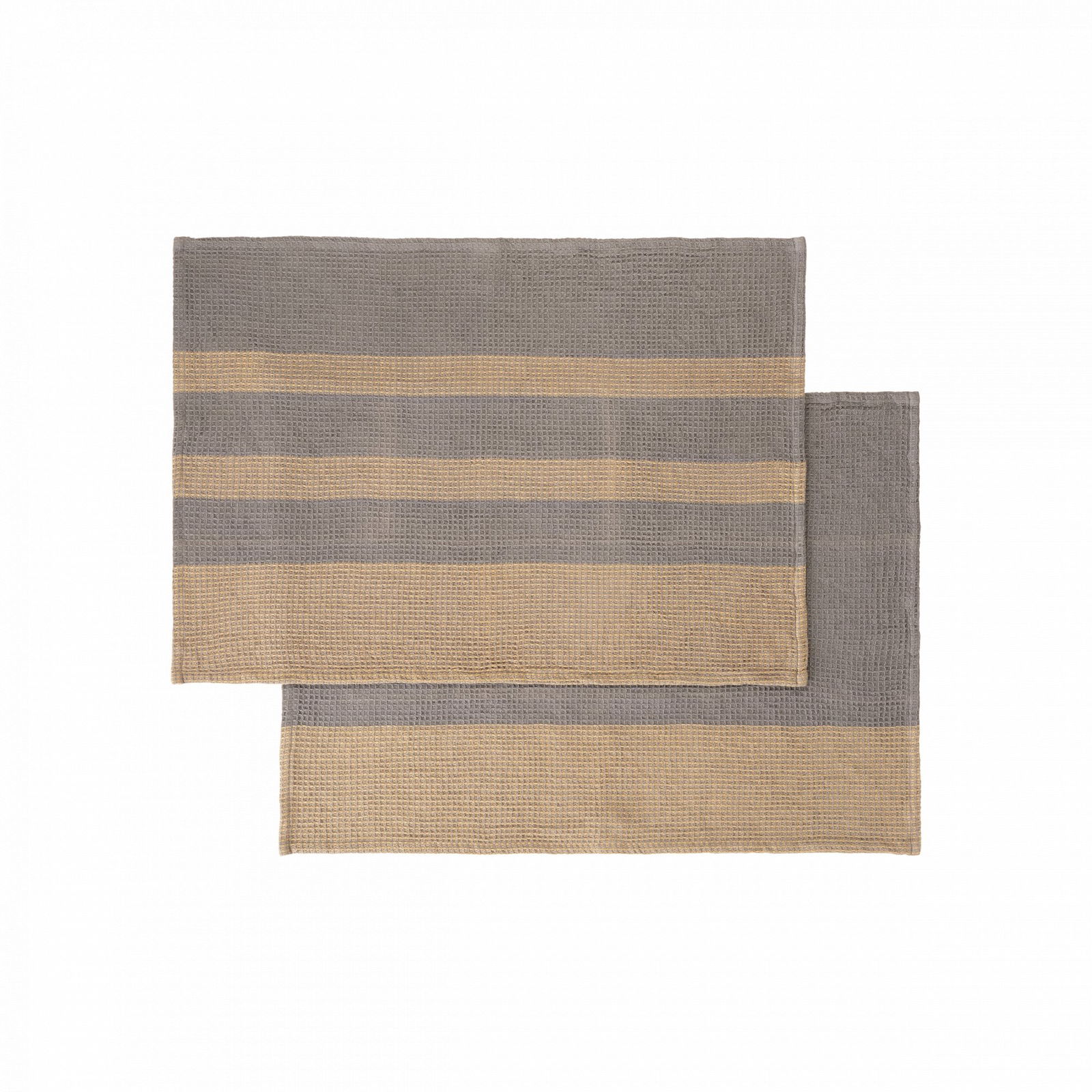 Stylish woven placemats in grey and beige stripes for modern dining decor.