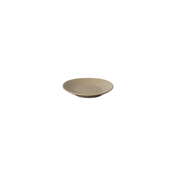 Minimalist beige ceramic plate with a subtle texture and shallow design.