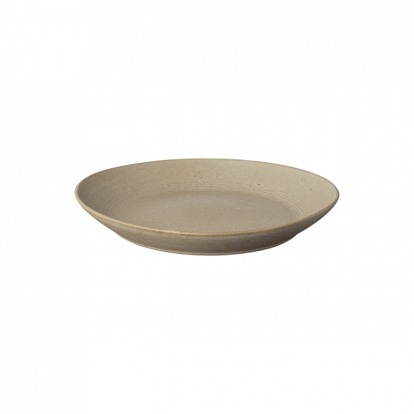 Neutral ceramic plate with a smooth, shallow design on a black background.