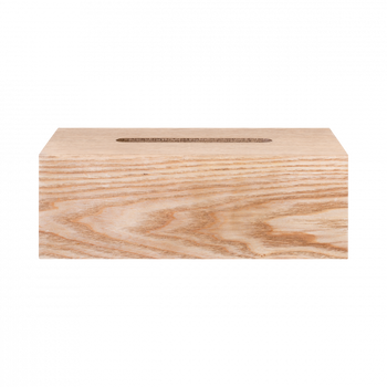 Natural wood tissue box holder with a simple, modern design on a black background.