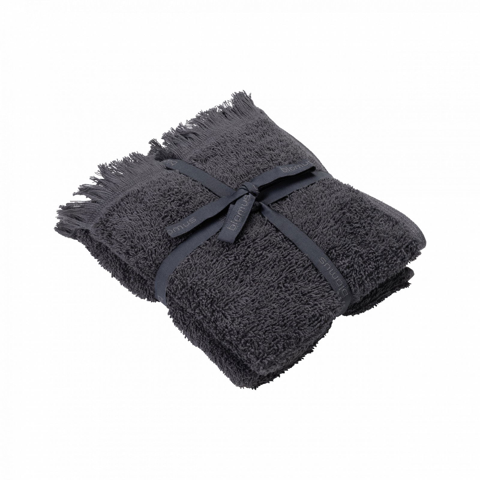Soft, luxurious dark gray towel neatly folded and tied with a ribbon.