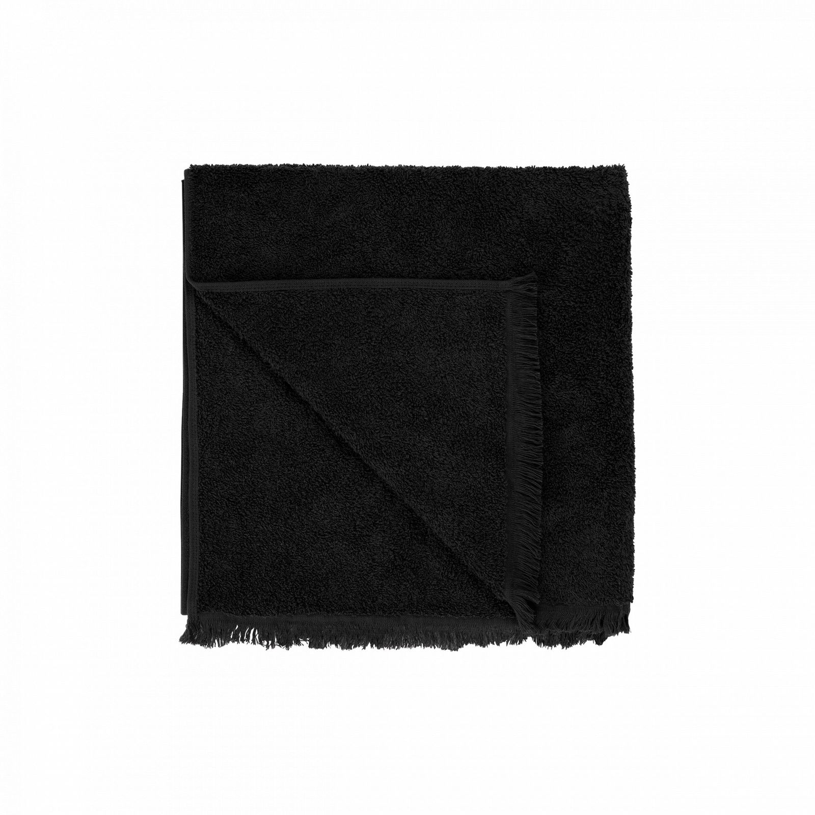 Soft black blanket with fringe edges, perfect for cozying up in style.
