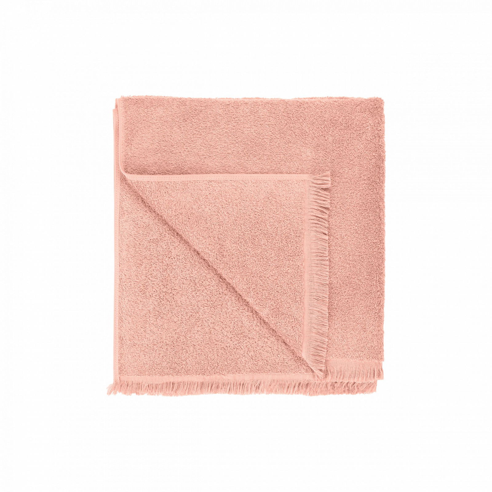Soft pink towel folded neatly with a textured finish and fringed edges.