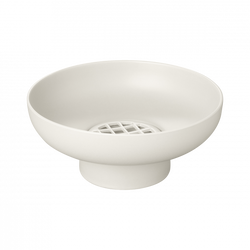 Sleek white ceramic bowl with a drainage grid, perfect for modern kitchen use.